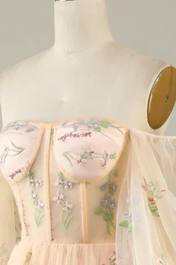 Champanhe Fora do Ombro Vestido Cerimónia A Line