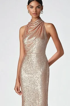 Champanhe Halter Sereia Selim Vestido Formal