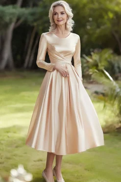 Champanhe Linha-A Mangas Compridas Cetim Midi Vestido Mae Noiva