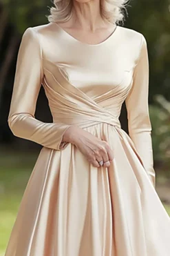 Champanhe Linha-A Mangas Compridas Cetim Midi Vestido Mae Noiva