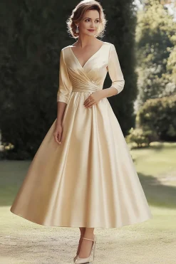 Champanhe Linha-A Meias Mangas Midi Vestido Mae Noiva