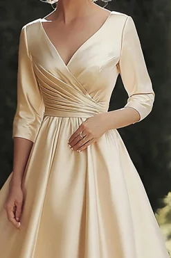 Champanhe Linha-A Meias Mangas Midi Vestido Mae Noiva