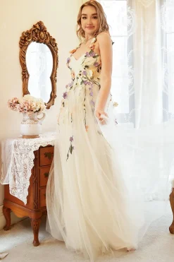 Champanhe Mais Tamanho Vestido de Noite Com Apliques