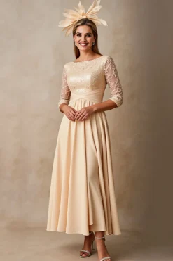 Champanhe Pescoço de Barco Applique Vestido Mae Noiva com Mangas