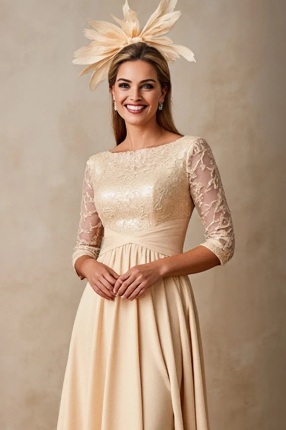 Champanhe Pescoço de Barco Applique Vestido Mae Noiva com Mangas