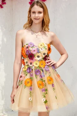Champanhe Sem Cintas Vestido de Cocktail Com Flores 3D