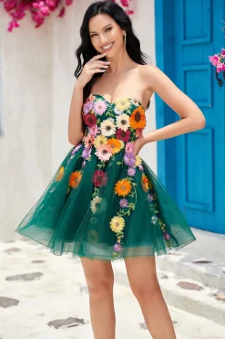 Champanhe Sem Cintas Vestido de Cocktail Com Flores 3D