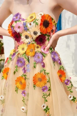 Champanhe Sem Cintas Vestido de Cocktail Com Flores 3D