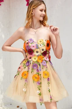 Champanhe Sem Cintas Vestido de Cocktail Com Flores 3D
