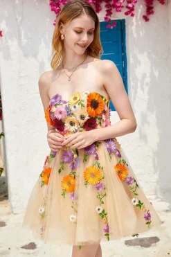 Champanhe Sem Cintas Vestido de Cocktail Com Flores 3D