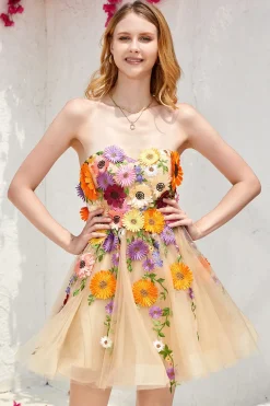 Champanhe Sem Cintas Vestido de Cocktail Com Flores 3D