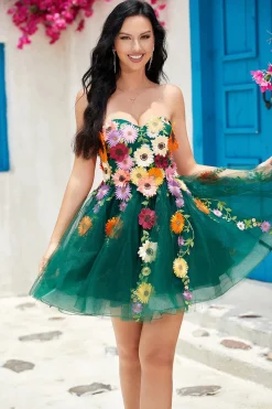 Champanhe Sem Cintas Vestido de Cocktail Com Flores 3D