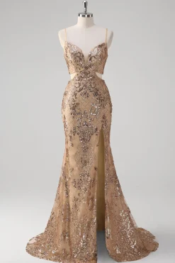 Champanhe Sereia Esparguete Alças Lantejoulas Hollow out Prom Dress