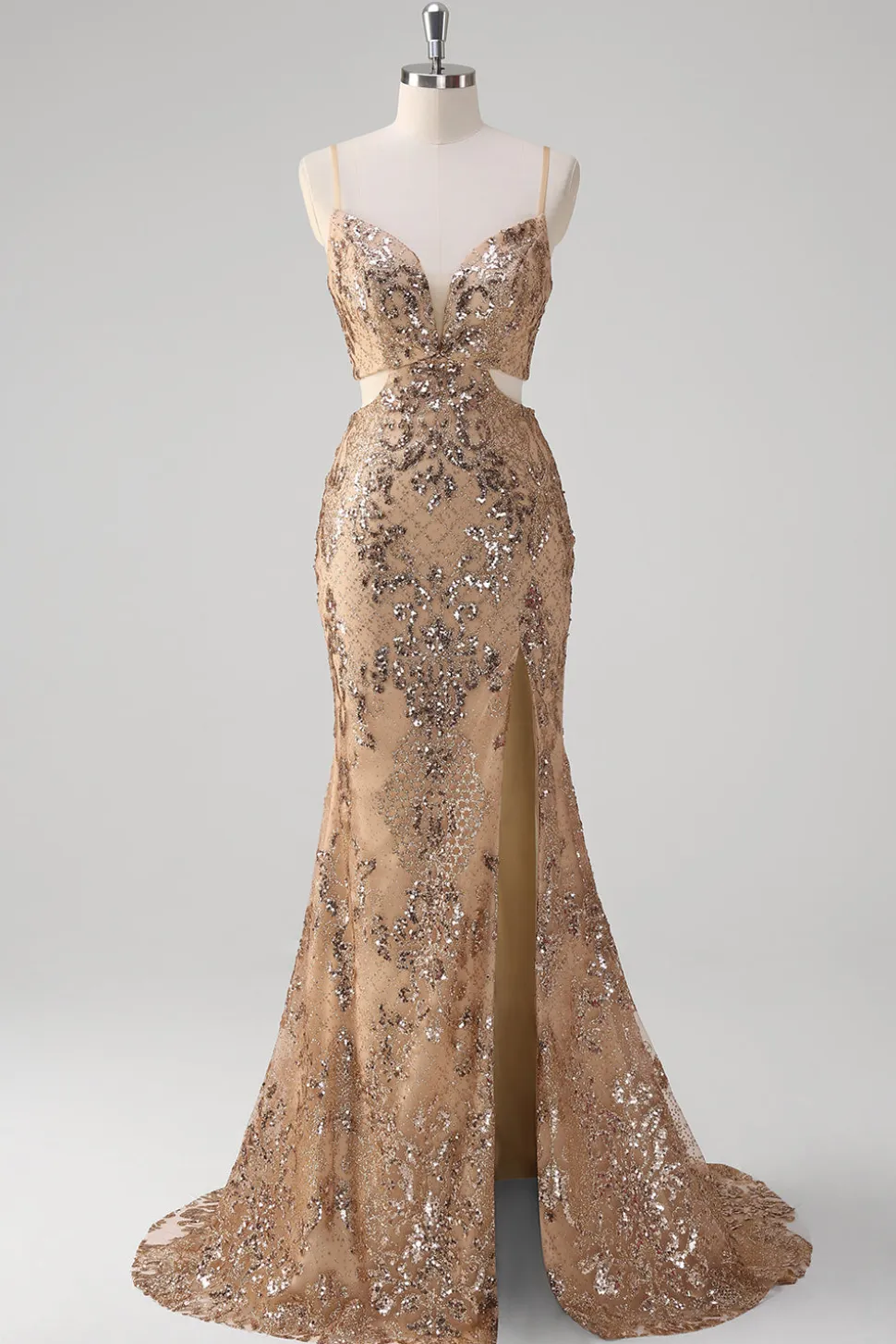Champanhe Sereia Esparguete Alças Lantejoulas Hollow out Prom Dress