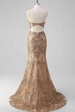 Champanhe Sereia Esparguete Alças Lantejoulas Hollow out Prom Dress
