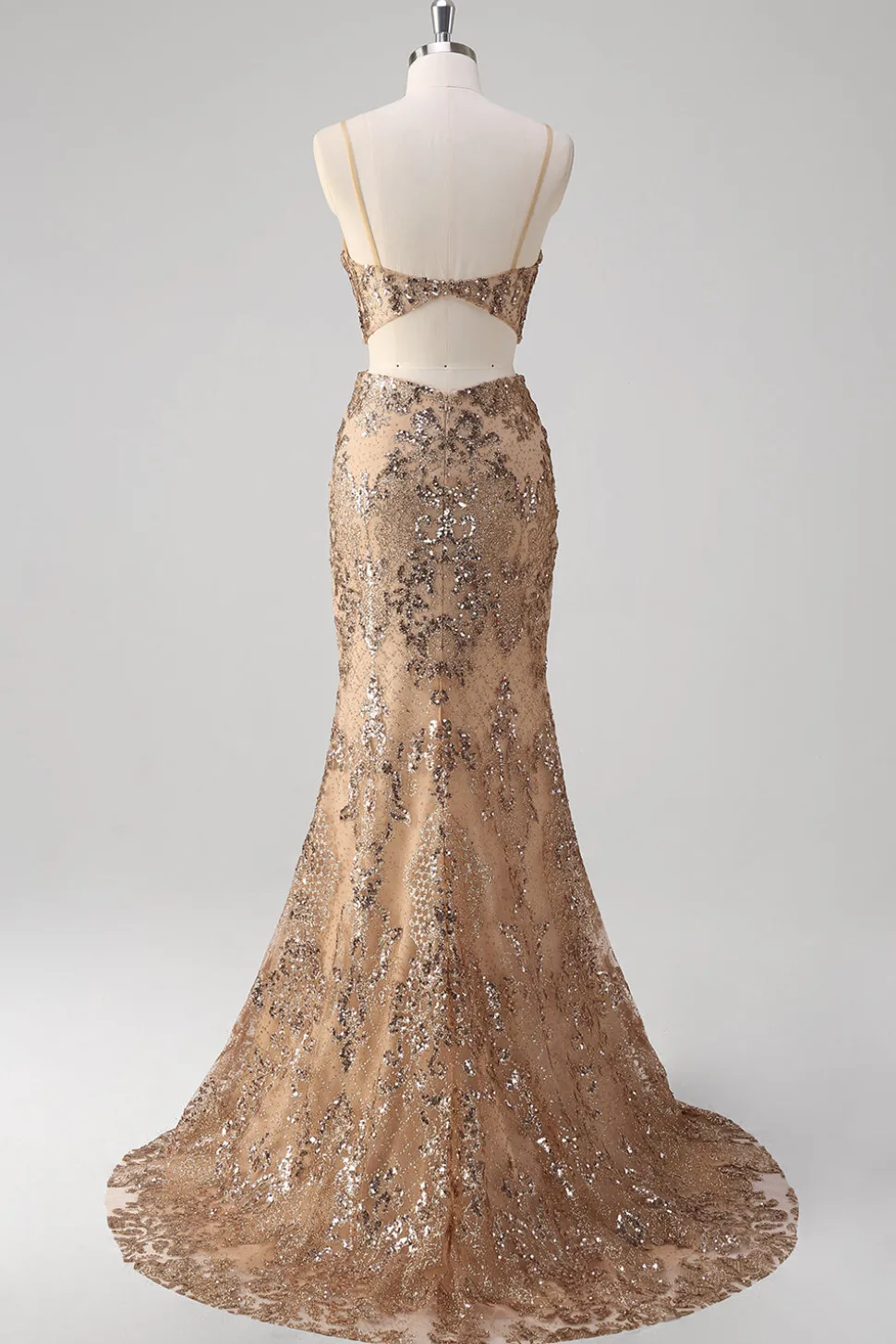 Champanhe Sereia Esparguete Alças Lantejoulas Hollow out Prom Dress