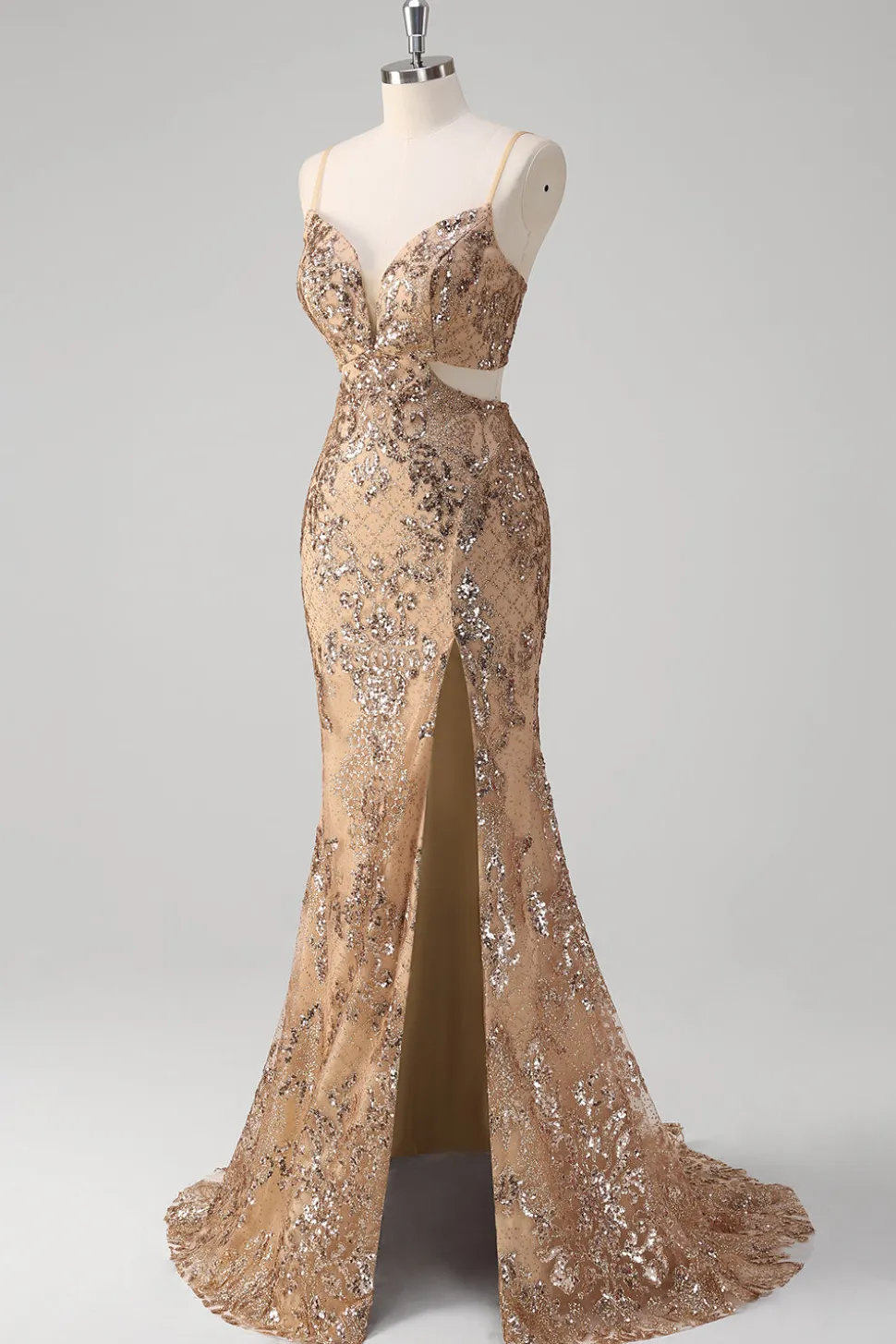 Champanhe Sereia Esparguete Alças Lantejoulas Hollow out Prom Dress