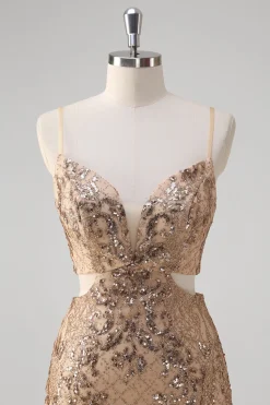 Champanhe Sereia Esparguete Alças Lantejoulas Hollow out Prom Dress