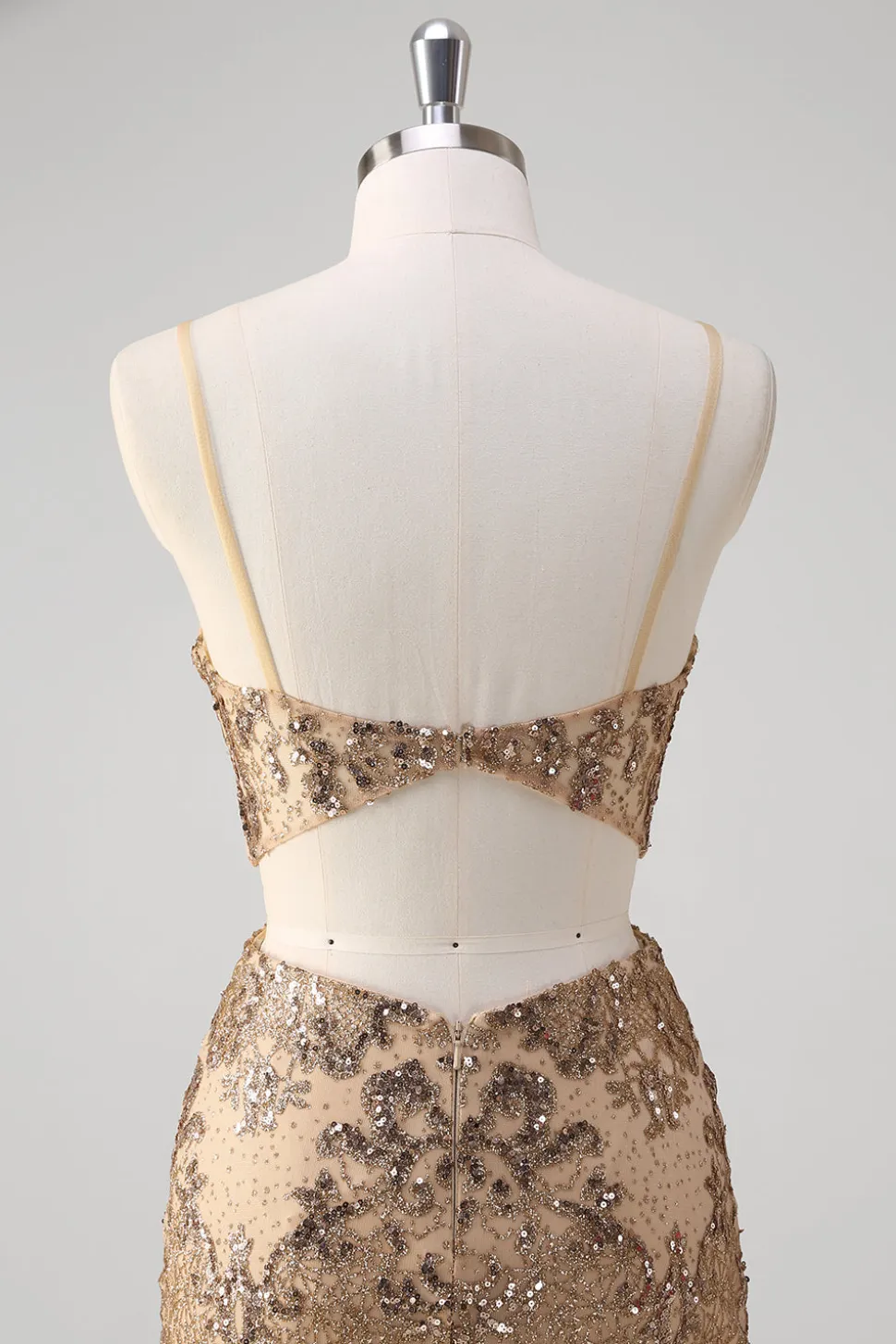 Champanhe Sereia Esparguete Alças Lantejoulas Hollow out Prom Dress