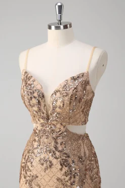 Champanhe Sereia Esparguete Alças Lantejoulas Hollow out Prom Dress