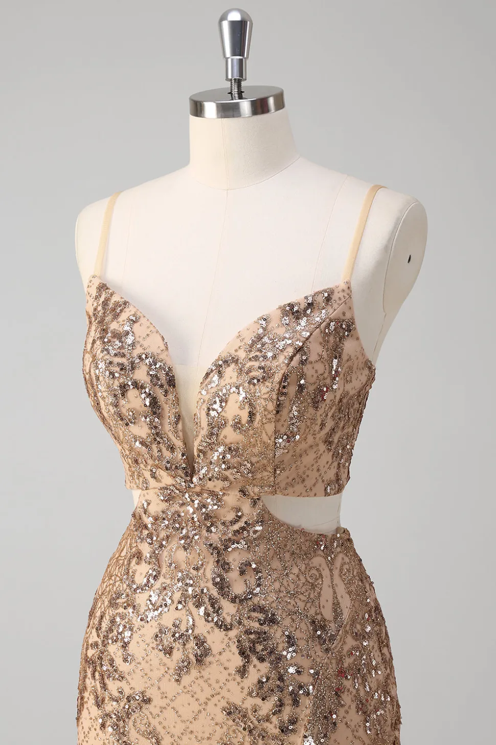 Champanhe Sereia Esparguete Alças Lantejoulas Hollow out Prom Dress