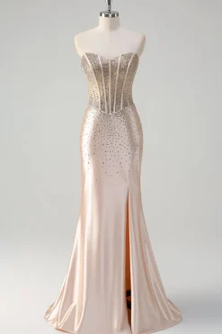 Champanhe Sereia Espartilho sem alças Vestido de baile longo com missangas