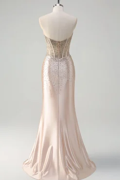 Champanhe Sereia Espartilho sem alças Vestido de baile longo com missangas