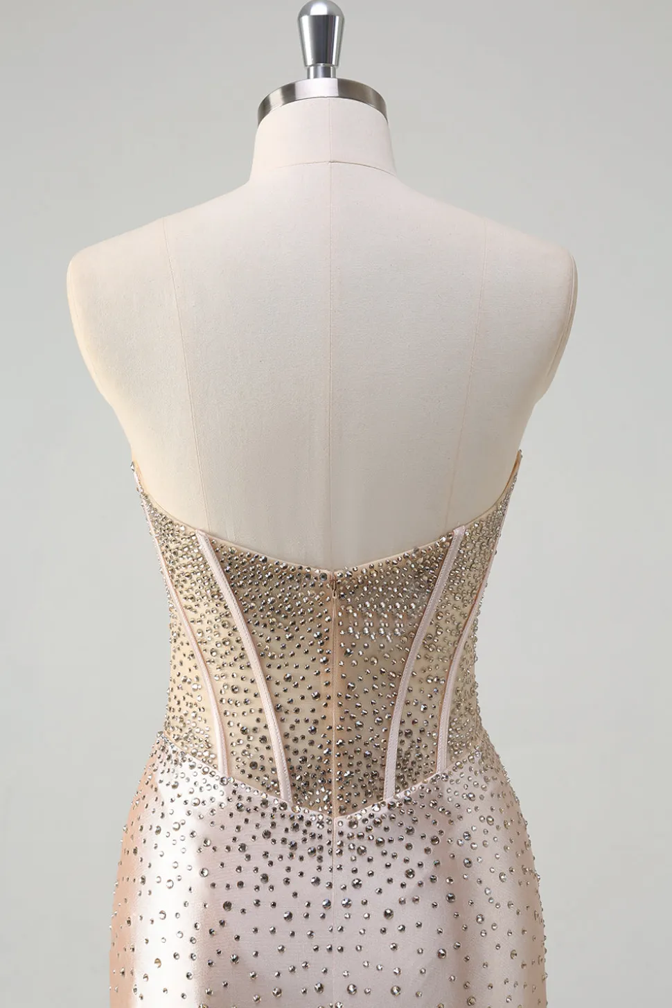 Champanhe Sereia Espartilho sem alças Vestido de baile longo com missangas
