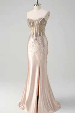 Champanhe Sereia Espartilho sem alças Vestido de baile longo com missangas
