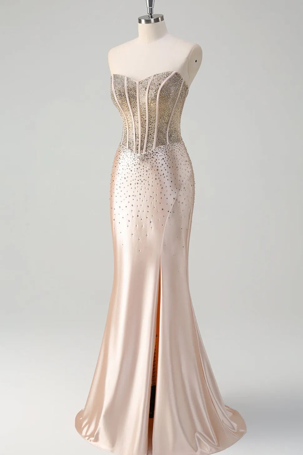 Champanhe Sereia Espartilho sem alças Vestido de baile longo com missangas