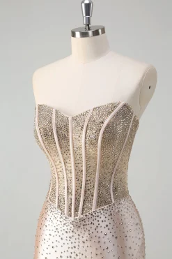 Champanhe Sereia Espartilho sem alças Vestido de baile longo com missangas