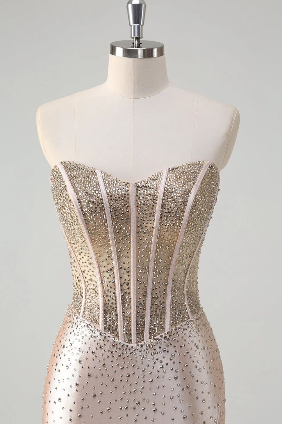 Champanhe Sereia Espartilho sem alças Vestido de baile longo com missangas