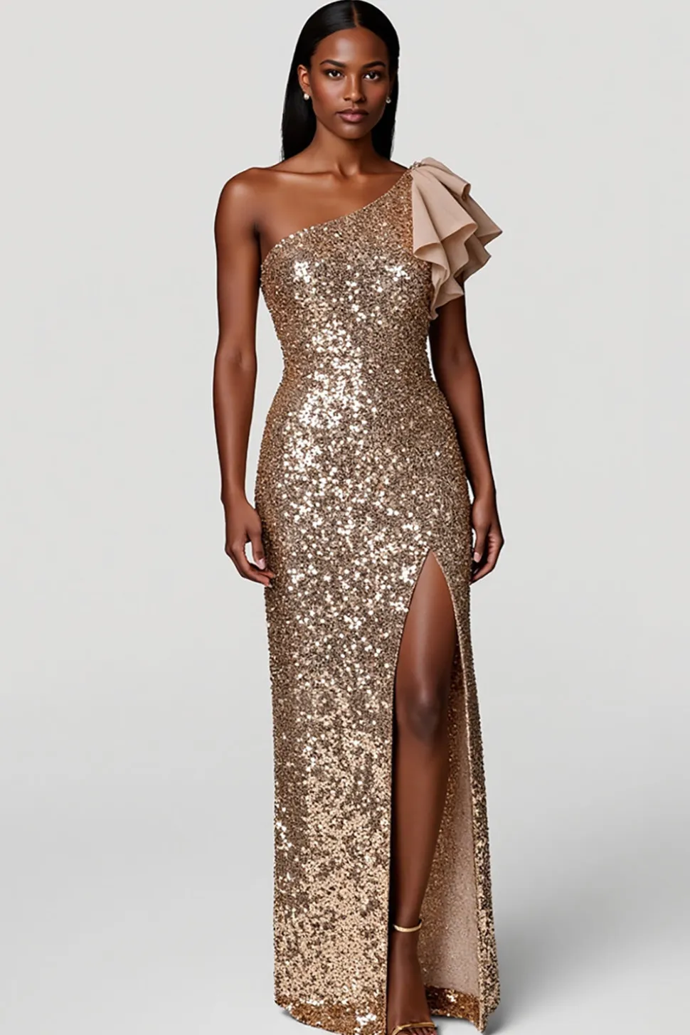 Champanhe Um Ombro Brilhante Bainha Longos Vestido De Baile com Fenda