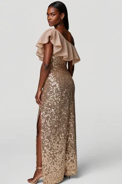 Champanhe Um Ombro Brilhante Bainha Longos Vestido De Baile com Fenda