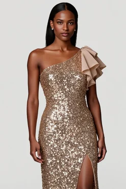 Champanhe Um Ombro Brilhante Bainha Longos Vestido De Baile com Fenda