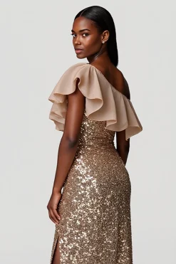 Champanhe Um Ombro Brilhante Bainha Longos Vestido De Baile com Fenda