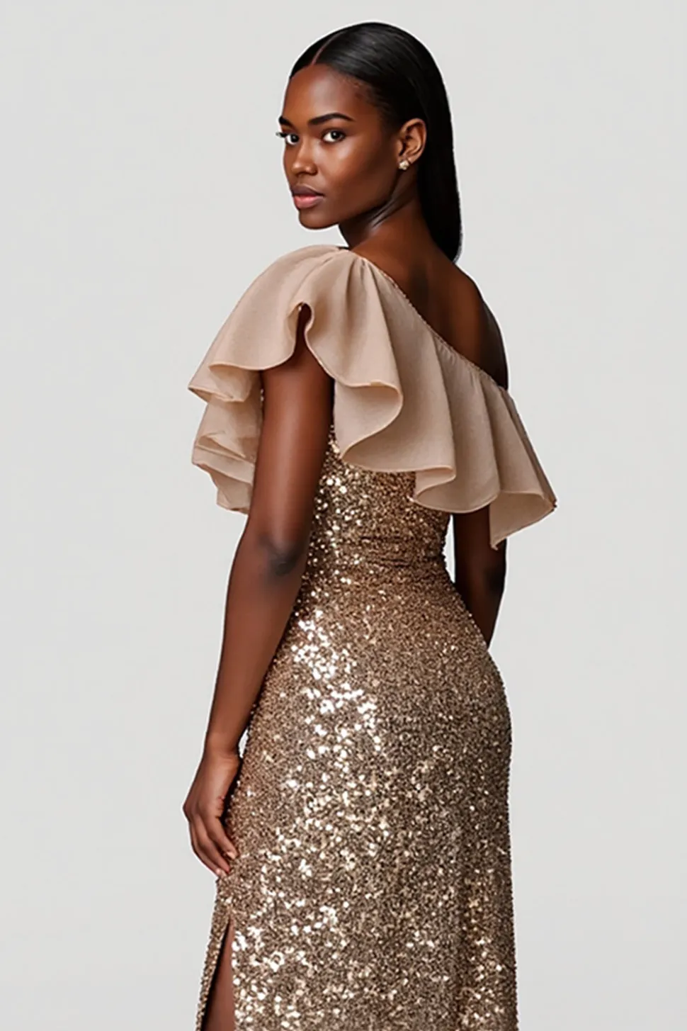 Champanhe Um Ombro Brilhante Bainha Longos Vestido De Baile com Fenda