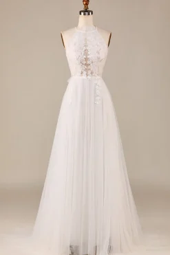 Charmoso A Line Halter Neck Marfim Open Back Tulle Sweep Train Vestido de Noiva com Renda
