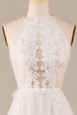 Charmoso A Line Halter Neck Marfim Open Back Tulle Sweep Train Vestido de Noiva com Renda