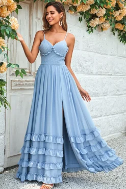 Charmoso A Line Spaghetti Straps Dusty Blue Long Vestido de Madrinha com Criss Cross Back