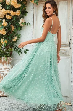 Charmoso A Line Spaghetti Straps Verde Vestido Longo Madrinha com Apliques