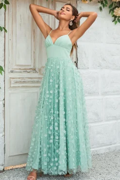 Charmoso A Line Spaghetti Straps Verde Vestido Longo Madrinha com Apliques