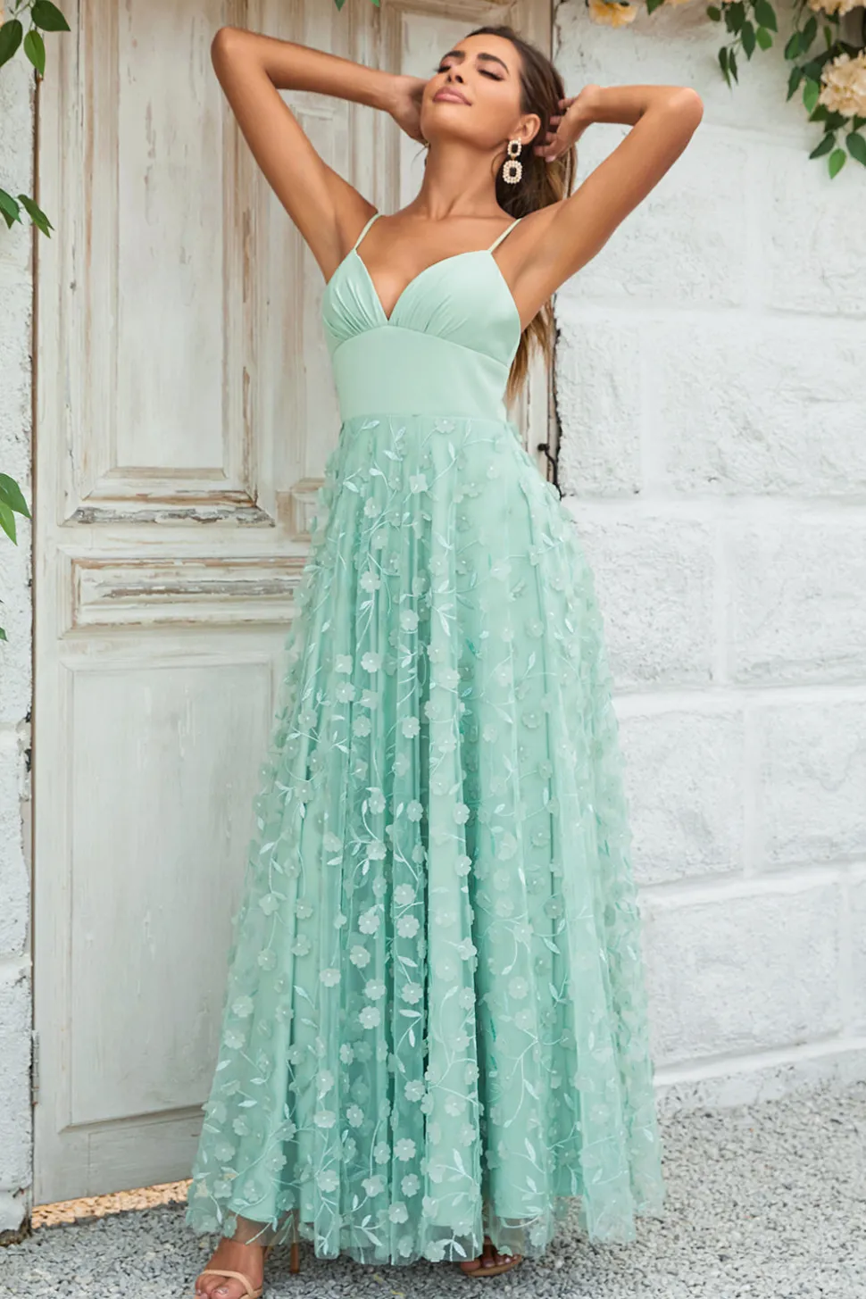 Charmoso A Line Spaghetti Straps Verde Vestido Longo Madrinha com Apliques