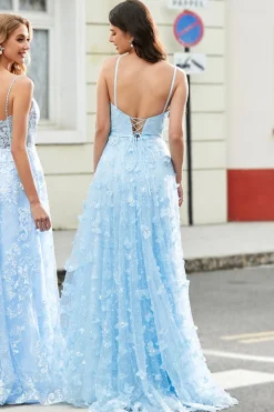 Charmoso A Line Spaghetti Straps Sky Blue Long Prom Dress com Split Front