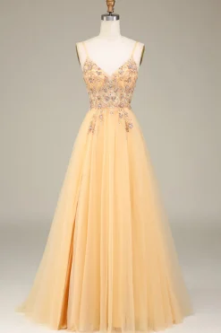 Charmoso A Line Spaghetti Straps Golden Long Prom Dress com Missangas