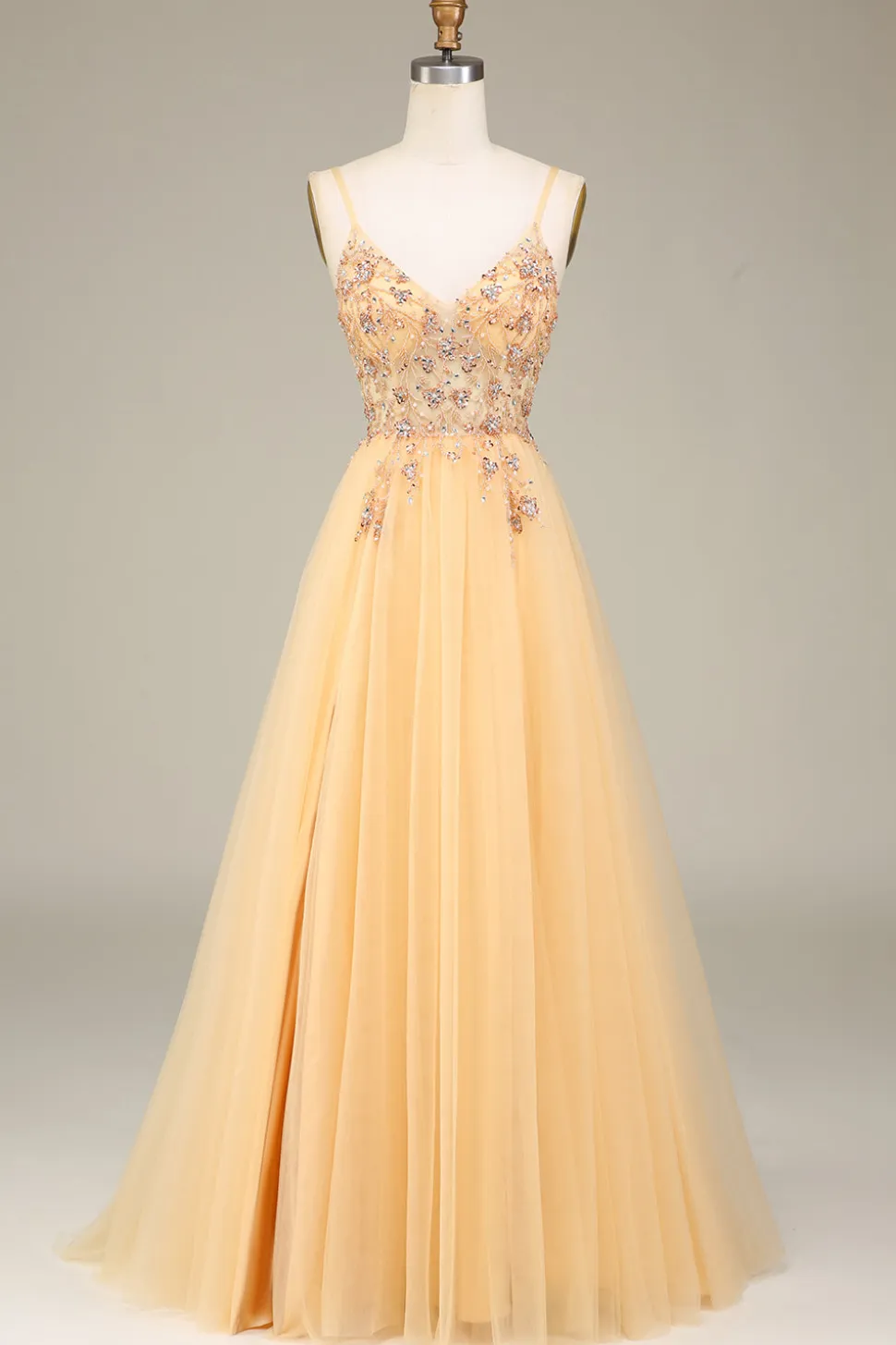 Charmoso A Line Spaghetti Straps Golden Long Prom Dress com Missangas