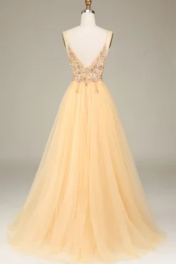 Charmoso A Line Spaghetti Straps Golden Long Prom Dress com Missangas