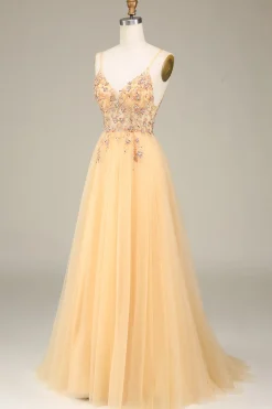 Charmoso A Line Spaghetti Straps Golden Long Prom Dress com Missangas