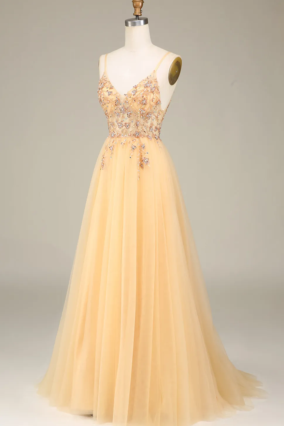 Charmoso A Line Spaghetti Straps Golden Long Prom Dress com Missangas