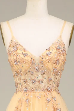 Charmoso A Line Spaghetti Straps Golden Long Prom Dress com Missangas